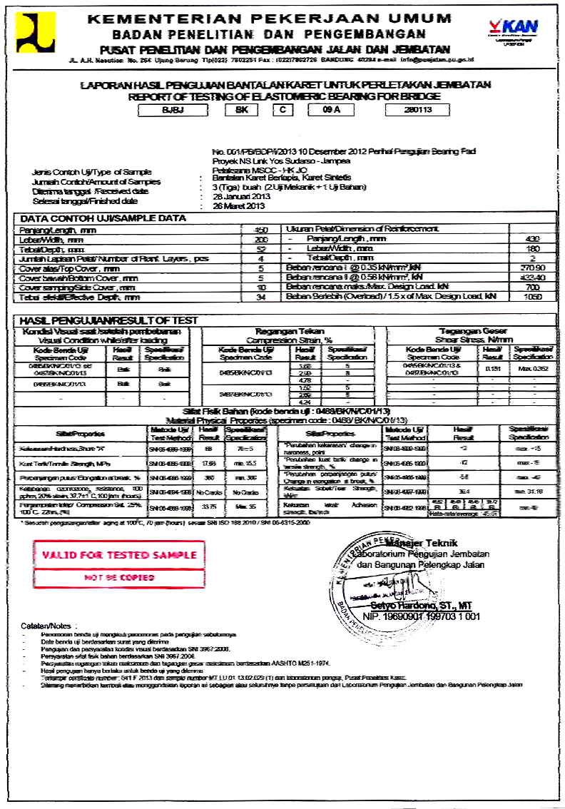 hasil uji karet bantalan jembatan